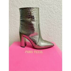 NEW PARIS TEXAS women's metallic croco block heel ankle boot in argento scuro